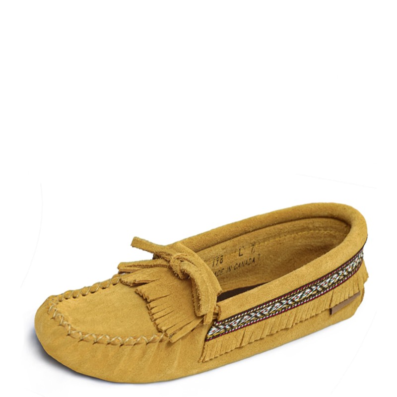 "Laurentian Chief Moccasins, fringed, fringed flap, braid"