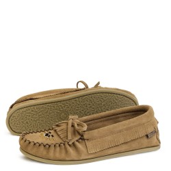 "Laurentian Chief Moccasins, fringed, fringed flap, insole, beaded, crepex natural sole"