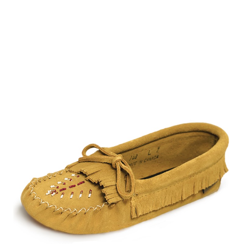 "Laurentian Chief Moccasins, fringed, fringed flap, beaded"