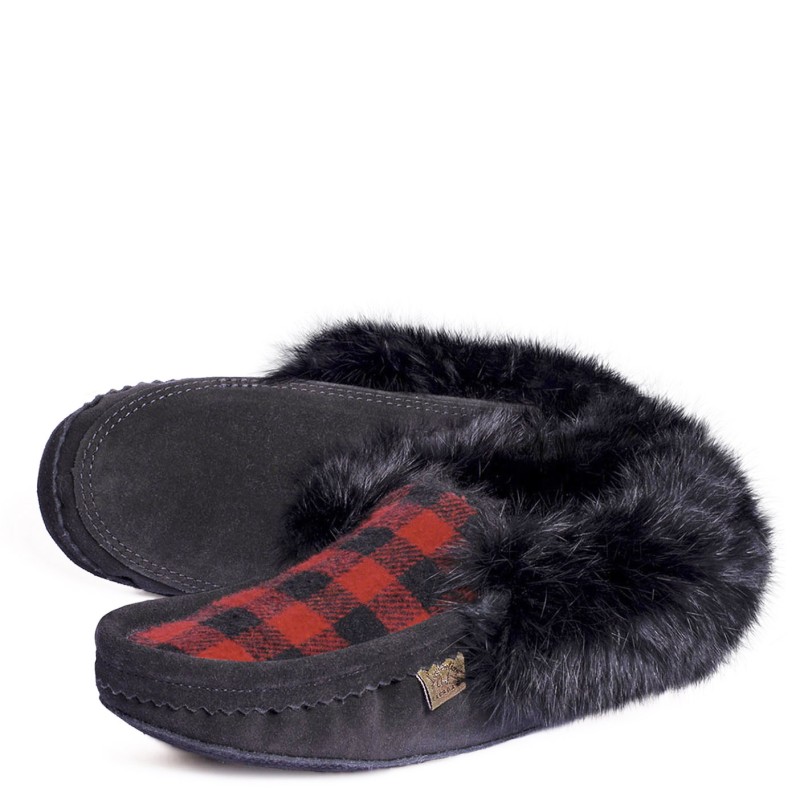 "Laurentian Chief Slipper Fur Trim, black orlon, polar top, padded sole, black H06"