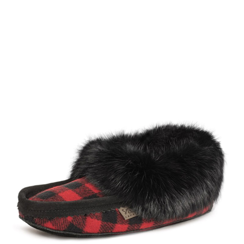 "Laurentian Chief Slipper Fur Trim, black orlon, polar top, padded sole, black H06"