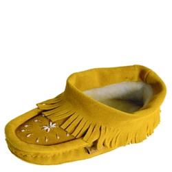 "Laurentian Chief Nation, fringed trim, beaded, orlon, padded sole"