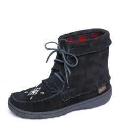 "Laurentian Chief Apache, dble fringe, lined plade wool, beaded, italia black sole"