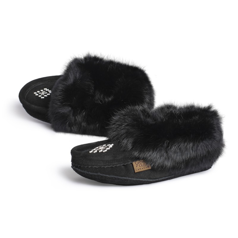 "Laurentian Chief Slipper Fur Trim, orlon, beaded, padded sole"