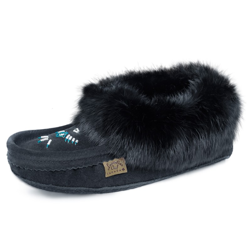 "Laurentian Chief Slipper Fur Trim, orlon, beaded, padded sole"