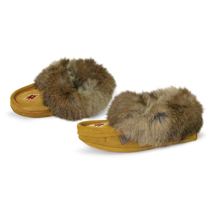 "Laurentian Chief Slipper Fur Trim, orlon, beaded, padded sole"