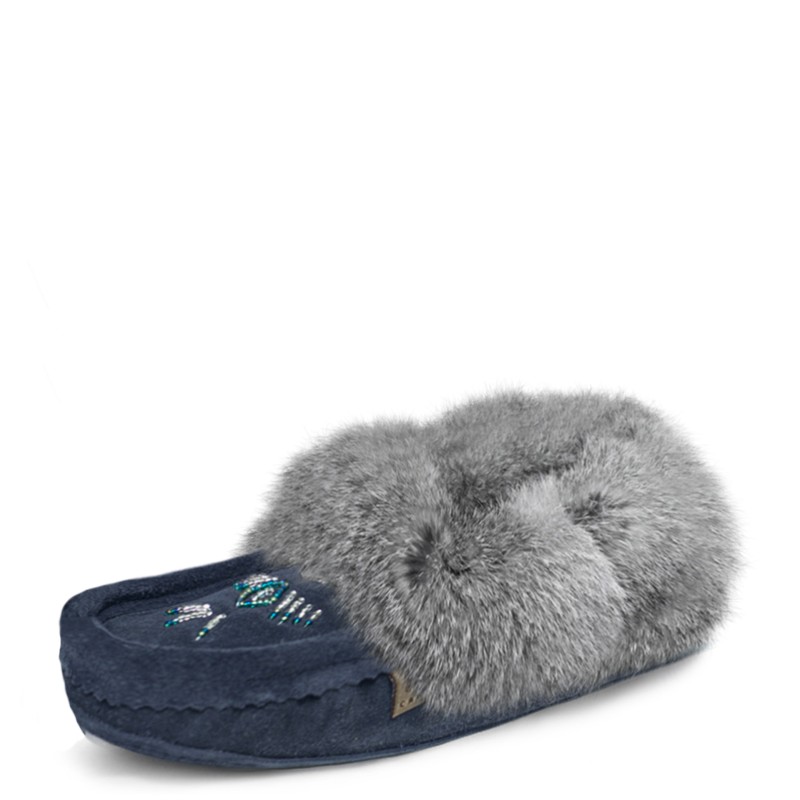 "Laurentian Chief Slipper, Orlon, Beaded Slipper with Fur Trim and Padded sole"