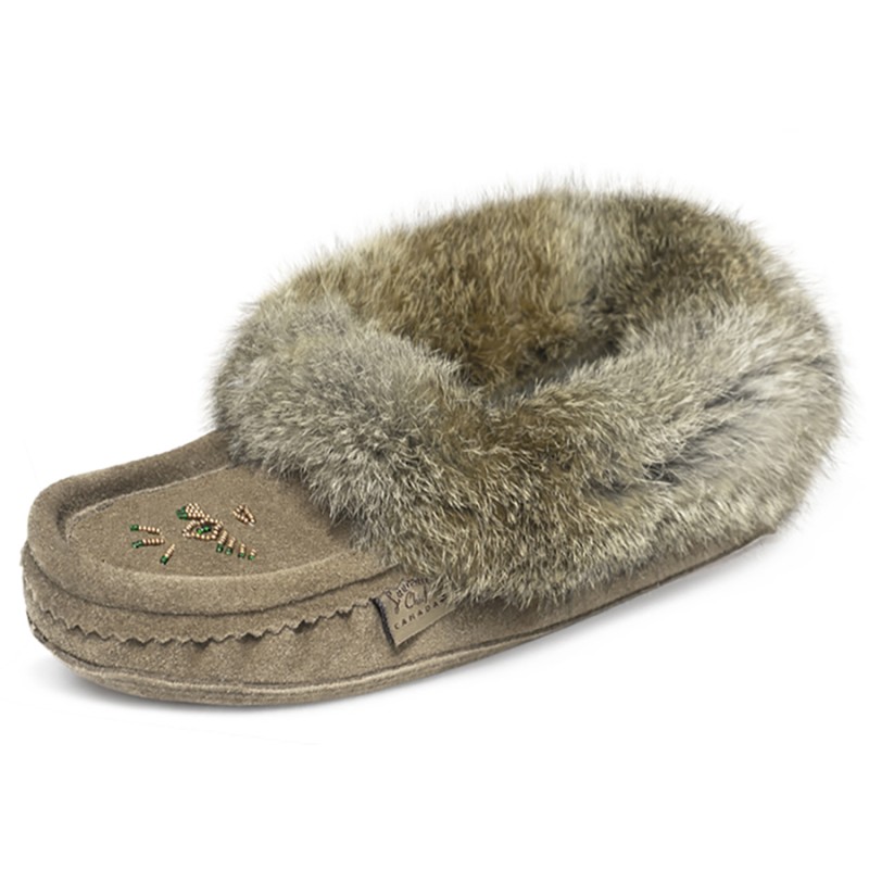 "Laurentian Chief Slipper Fur Trim, orlon, beaded, padded sole"