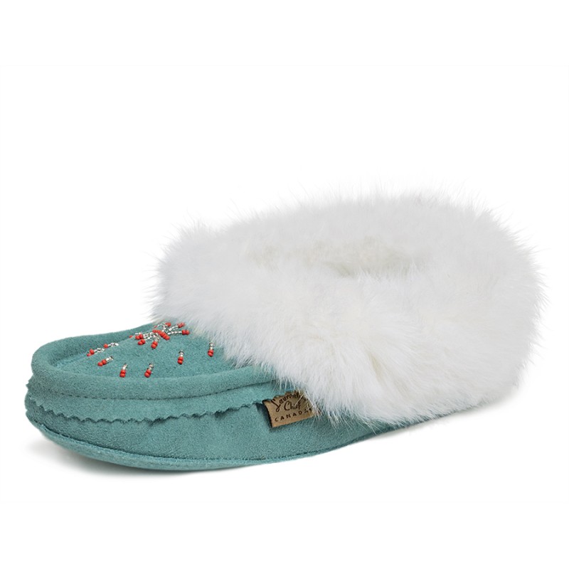 "Laurentian Chief Slipper Fur Trim, orlon, beaded, padded sole"