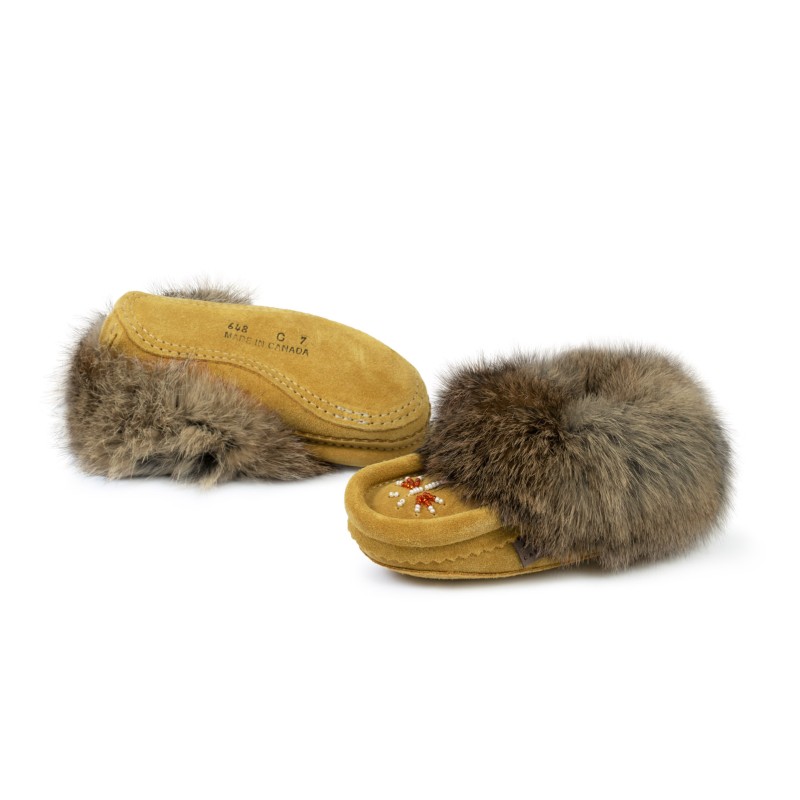 "Laurentian Chief Slipper Fur Trim, orlon, beaded, padded sole"