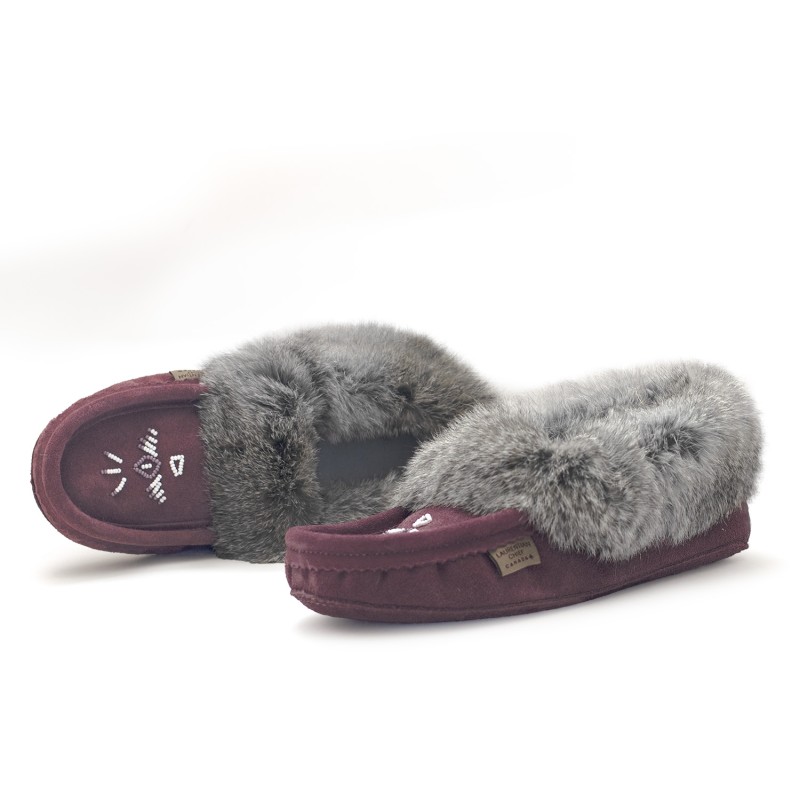 "Laurentian Chief Slipper Fur Trim, orlon, beaded, padded sole"