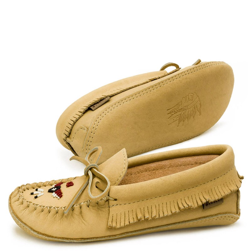 "Moccasins, fringed, beaded, padded sole"