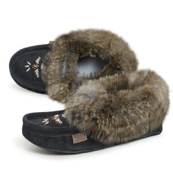 "Laurentian Chief Slipper Fur Trim, orlon, beaded, padded sole"