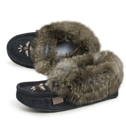 "Laurentian Chief Slipper, Orlon, Beaded Slipper with Fur Trim and Padded sole"