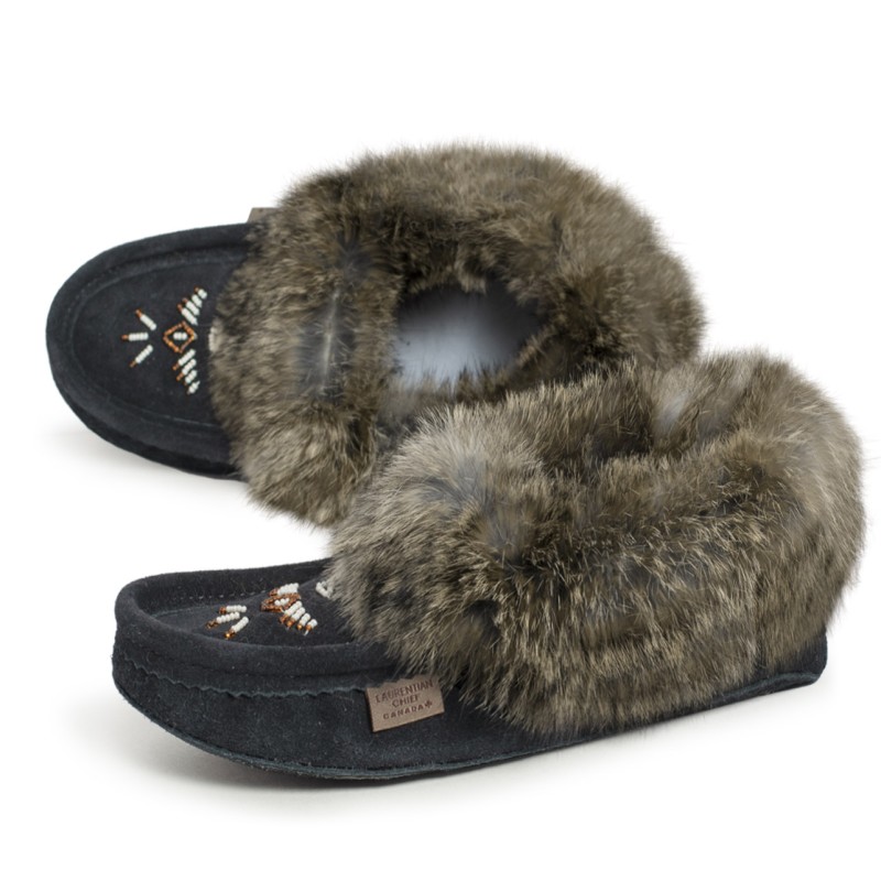 "Laurentian Chief Slipper Fur Trim, orlon, beaded, padded sole"