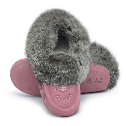 "Laurentian Chief Slipper Fur Trim, orlon, beaded, padded sole"