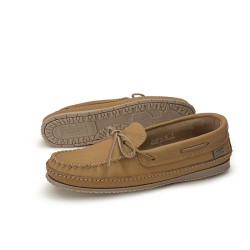 "Laurentian Chief Moccasins, single lacing, 8 hole collar, padded sole, indian rubber sole"