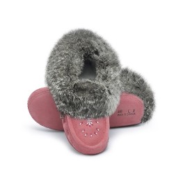 "Laurentian Chief Slipper, Orlon, Beaded Slipper with Fur Trim and Padded sole"