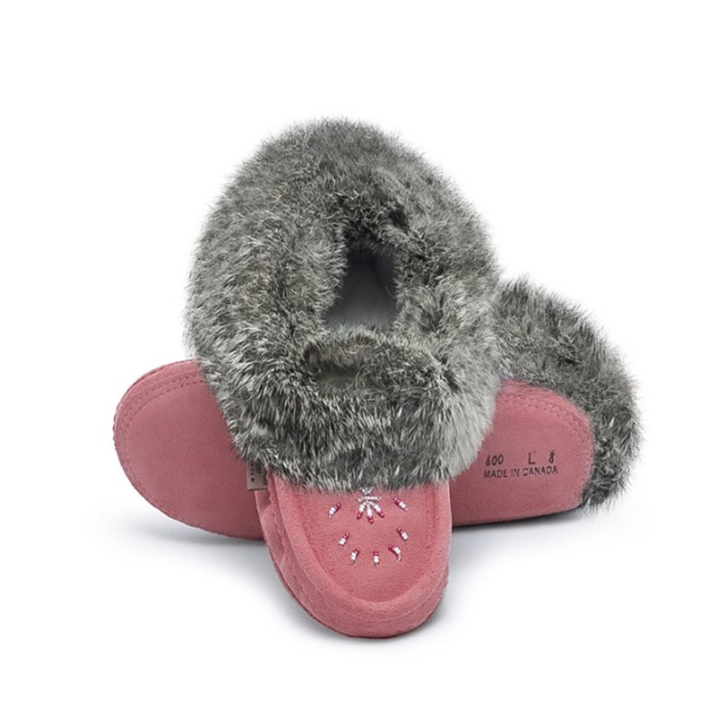 "Laurentian Chief Slipper, Orlon, Beaded Slipper with Fur Trim and Padded sole"